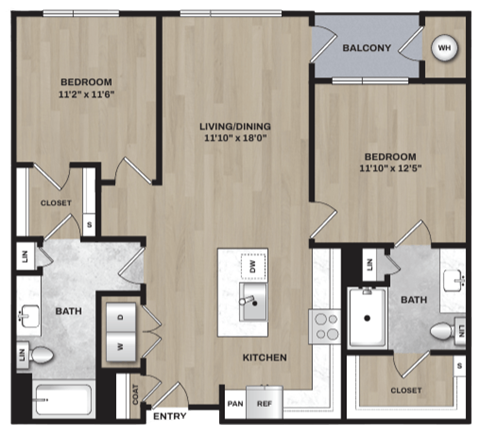 Floor plan for 2 beds, 2 baths, 1103 sqft
